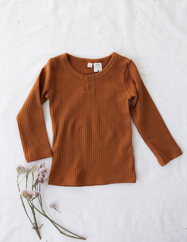 US stockist of Karibou Kids gender neutral, antique gold Willow ribbed long sleeve top