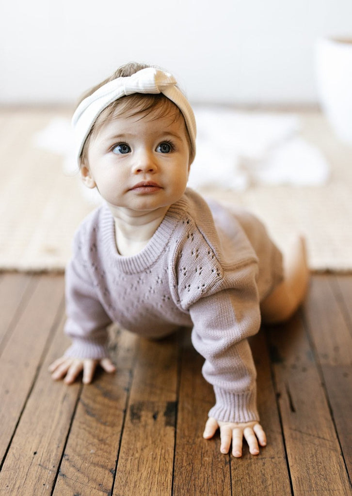 US stockist of Two Darling's long sleeve, dusty lilac knit romper.