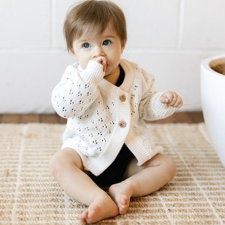 US stockist of Two Darling's gender neutral, cotton milk knit baby cardigan.
