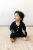 US stockist of Two Darling's gender neutral, midnight blue bamboo/cotton harem pants.  Features a functional drawstring.