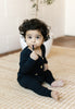 US stockist of Two Darling's gender neutral, midnight blue bamboo/cotton harem pants.  Features a functional drawstring.