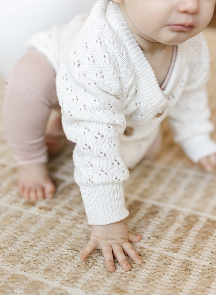 US stockist of Two Darling's gender neutral, cotton milk knit baby cardigan.