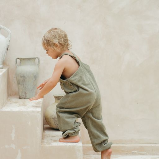 US stockist of Illoura the Label's gender neutral Xanthe Overalls in Olive Cord.