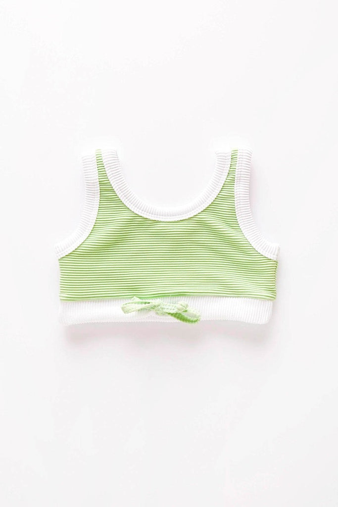 US stockist of Zulu & Zephyr's Mini Band Bikini in Marine.  Made from sustainable ECONYL UPF 50+ fabric.  Features contrasting rib binds, drawstring on top and waist of bottoms.  Fully lined.
