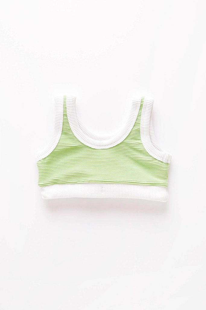 US stockist of Zulu & Zephyr's Mini Band Bikini in Marine.  Made from sustainable ECONYL UPF 50+ fabric.  Features contrasting rib binds, drawstring on top and waist of bottoms.  Fully lined.