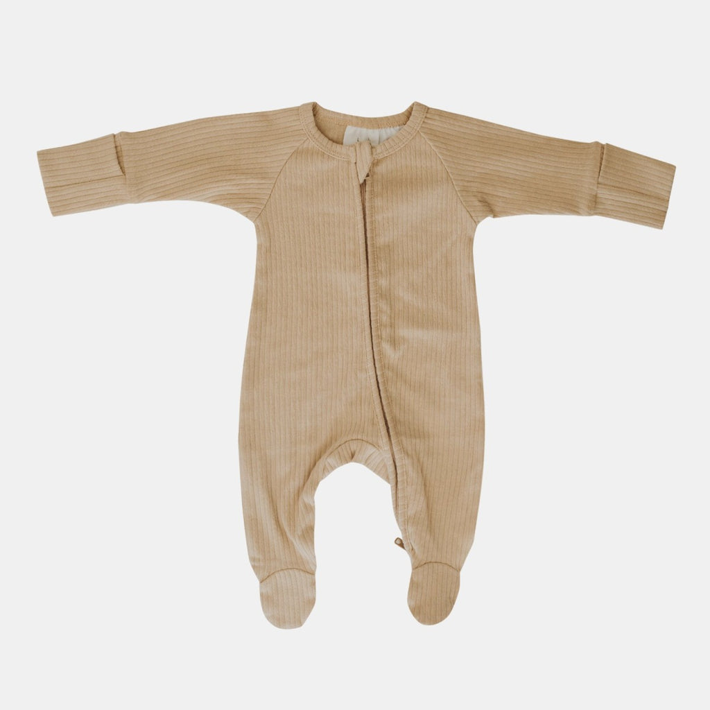 US stockist of Buck & Baa's organic cotton rib zip romper in gender neutral Biscuit.  