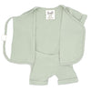 Stockist of Bonsie's rayon blend avocado green short sleeve romper.  Top section has velcro wrap body which can be undone for skin to skin contact.  Elastic waist that can be pulled down for easy diaper changes. 