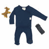 Stockist of Bonsie's rayon blend midnight blue footie.  Top section has velcro wrap body which can be undone for skin to skin contact.  Elastic waist that can be pulled down for easy diaper changes. 