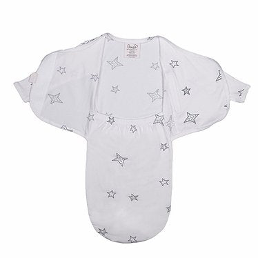 Stockist of Bonsie's rayon blend baby gown in gender neutral white fabric with star print.  Features cross over velcro top that can be undone for skin to skin.  Elastic waist which can be pulled down for easy diaper changes.