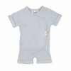 Stockist of Bonsie's rayon blend mist (light grey) short sleeve romper.  Top section has velcro wrap body which can be undone for skin to skin contact.  Elastic waist that can be pulled down for easy diaper changes. 