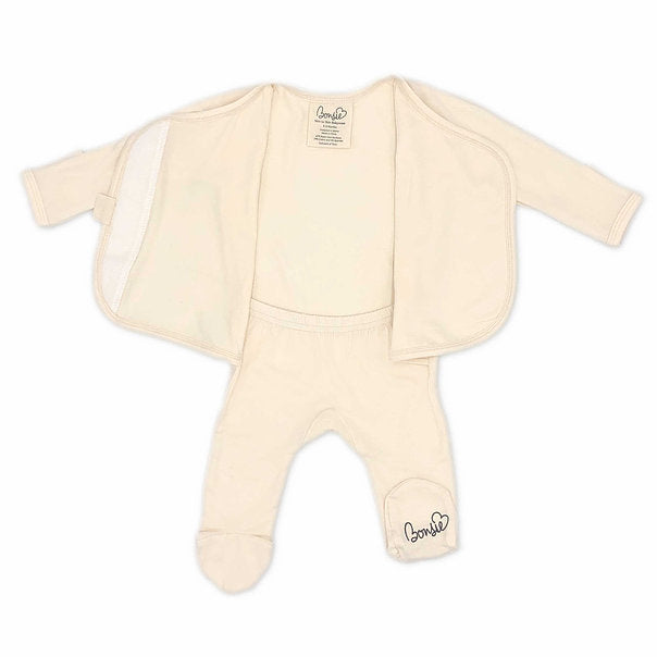 Stockist of Bonsie's rayon blend Oat footie.  Top section has velcro wrap body which can be undone for skin to skin contact.  Elastic waist that can be pulled down for easy diaper changes. 