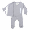 Stockist of Bonsie's rayon blend fog grey footie.  Top section has velcro wrap body which can be undone for skin to skin contact.  Elastic waist that can be pulled down for easy diaper changes. 