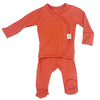 Stockist of Bonsie's rayon blend sunset red footie.  Top section has velcro wrap body which can be undone for skin to skin contact.  Elastic waist that can be pulled down for easy diaper changes. 