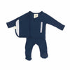 Stockist of Bonsie's rayon blend midnight blue footie.  Top section has velcro wrap body which can be undone for skin to skin contact.  Elastic waist that can be pulled down for easy diaper changes. 