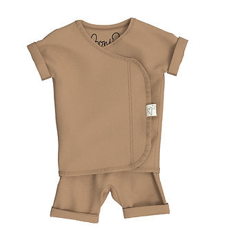 Stockist of Bonsie's short sleeve kimono romper in Mocha.