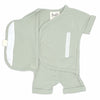 Stockist of Bonsie's rayon blend avocado green short sleeve romper.  Top section has velcro wrap body which can be undone for skin to skin contact.  Elastic waist that can be pulled down for easy diaper changes. 
