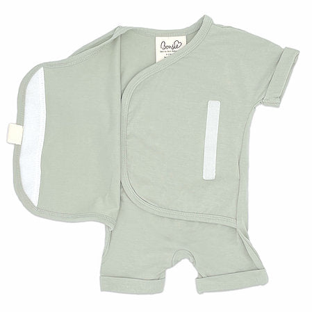 Stockist of Bonsie's rayon blend avocado green short sleeve romper.  Top section has velcro wrap body which can be undone for skin to skin contact.  Elastic waist that can be pulled down for easy diaper changes. 