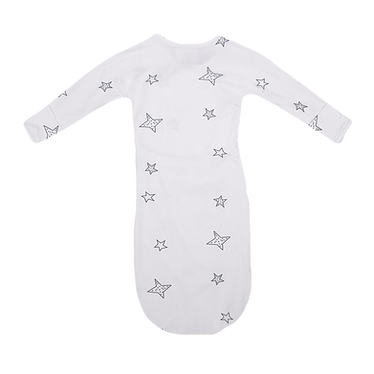 Stockist of Bonsie's rayon blend baby gown in gender neutral white fabric with star print.  Features cross over velcro top that can be undone for skin to skin.  Elastic waist which can be pulled down for easy diaper changes.