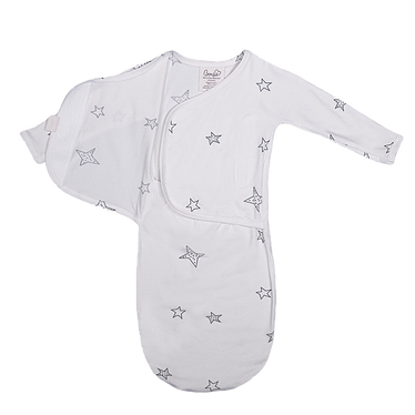 Stockist of Bonsie's rayon blend baby gown in gender neutral white fabric with star print.  Features cross over velcro top that can be undone for skin to skin.  Elastic waist which can be pulled down for easy diaper changes.