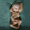 Stockist of Bonsie's rayon blend mocha footie.  Top section has velcro wrap body which can be undone for skin to skin contact.  Elastic waist that can be pulled down for easy diaper changes. 