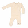 Stockist of Bonsie's rayon blend Oat footie.  Top section has velcro wrap body which can be undone for skin to skin contact.  Elastic waist that can be pulled down for easy diaper changes. 