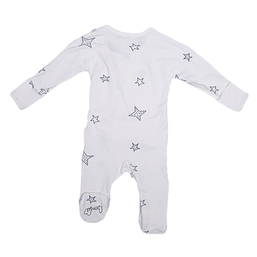 Stockist of Bonsie's rayon blend star print footie.  Top section has velcro wrap body which can be undone for skin to skin contact.  Elastic waist that can be pulled down for easy diaper changes. 