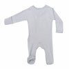 Stockist of Bonsie's rayon blend fog grey footie.  Top section has velcro wrap body which can be undone for skin to skin contact.  Elastic waist that can be pulled down for easy diaper changes. 