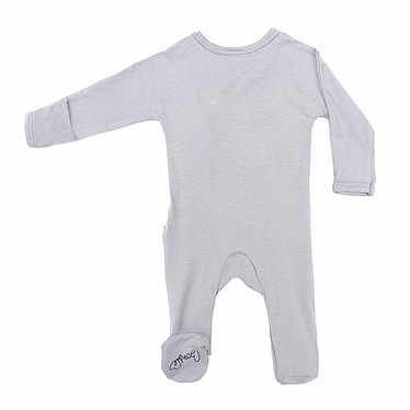 Stockist of Bonsie's rayon blend fog grey footie.  Top section has velcro wrap body which can be undone for skin to skin contact.  Elastic waist that can be pulled down for easy diaper changes. 
