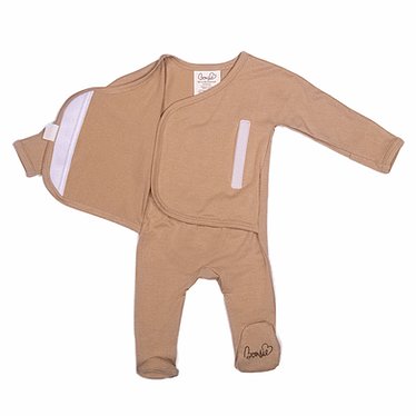 Stockist of Bonsie's rayon blend mocha footie.  Top section has velcro wrap body which can be undone for skin to skin contact.  Elastic waist that can be pulled down for easy diaper changes. 