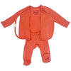 Stockist of Bonsie's rayon blend sunset red footie.  Top section has velcro wrap body which can be undone for skin to skin contact.  Elastic waist that can be pulled down for easy diaper changes. 
