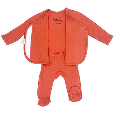 Stockist of Bonsie's rayon blend sunset red footie.  Top section has velcro wrap body which can be undone for skin to skin contact.  Elastic waist that can be pulled down for easy diaper changes. 
