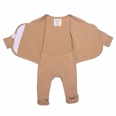 Stockist of Bonsie's rayon blend mocha footie.  Top section has velcro wrap body which can be undone for skin to skin contact.  Elastic waist that can be pulled down for easy diaper changes. 