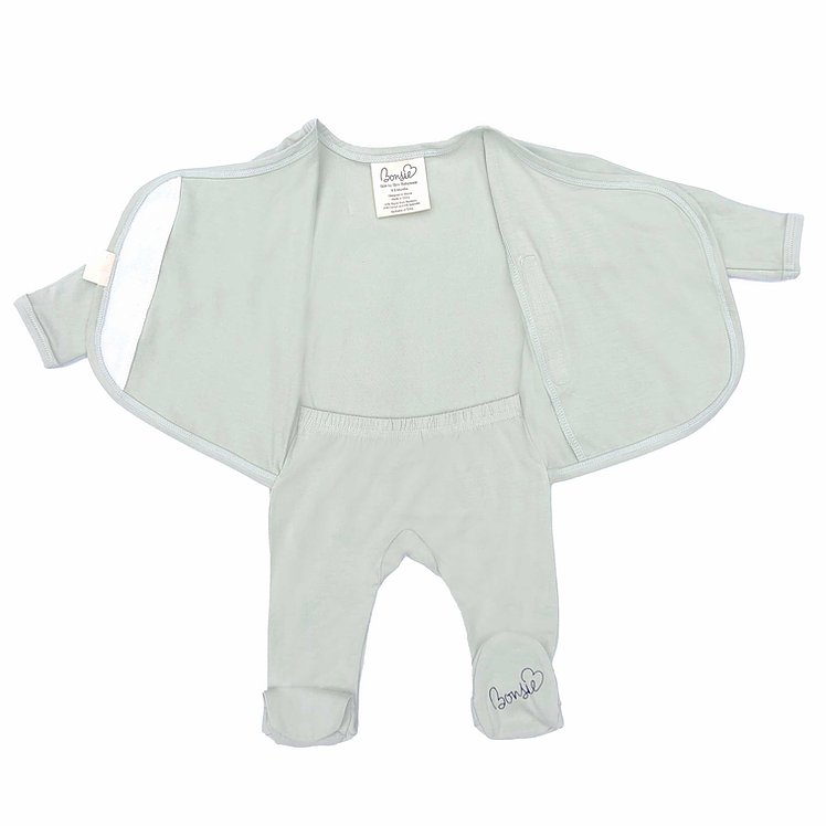 Stockist of Bonsie's rayon blend avocado green footie.  Top section has velcro wrap body which can be undone for skin to skin contact.  Elastic waist that can be pulled down for easy diaper changes. 