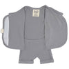 Stockist of Bonsie's rayon blend fog grey short sleeve romper.  Top section has velcro wrap body which can be undone for skin to skin contact.  Elastic waist that can be pulled down for easy diaper changes. 