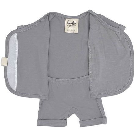 Stockist of Bonsie's rayon blend fog grey short sleeve romper.  Top section has velcro wrap body which can be undone for skin to skin contact.  Elastic waist that can be pulled down for easy diaper changes. 