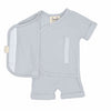 Stockist of Bonsie's rayon blend mist (light grey) short sleeve romper.  Top section has velcro wrap body which can be undone for skin to skin contact.  Elastic waist that can be pulled down for easy diaper changes. 