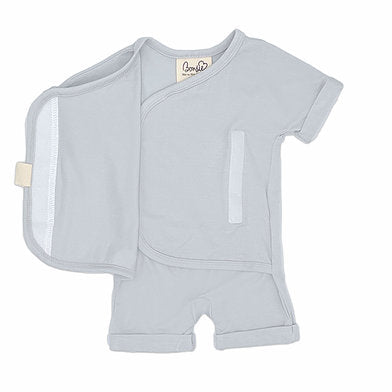 Stockist of Bonsie's rayon blend mist (light grey) short sleeve romper.  Top section has velcro wrap body which can be undone for skin to skin contact.  Elastic waist that can be pulled down for easy diaper changes. 