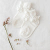 US stockist of Karibou Kid's white ankle pom pom ruffle socks.  Made from a cotton blend.