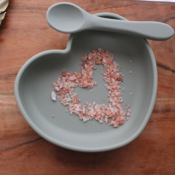 US stockist of Foxx & Willow's Sage silicone heart shaped plate with matching spoon.  Made from BPA free silicone, dishwasher and microwave safe.