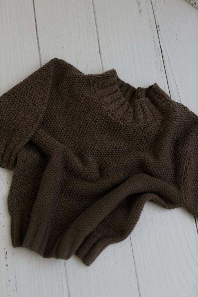 US stockist of Five O'Six's organic cotton, gender neutral chunky knit sweater in Truffle.