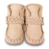 US stockist of Donsje's Powder pink nubuck baby shoes with Mace faux fur lining.  Velcro braided fastening - soft sole under 12mths.