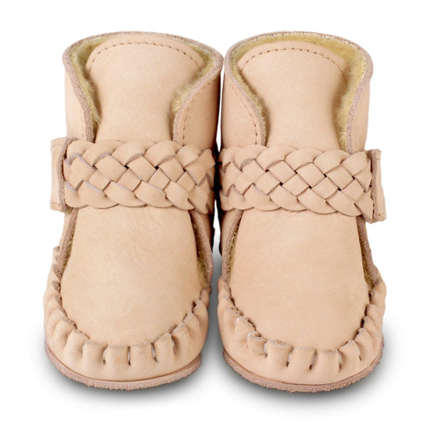 US stockist of Donsje's Powder pink nubuck baby shoes with Mace faux fur lining.  Velcro braided fastening - soft sole under 12mths.