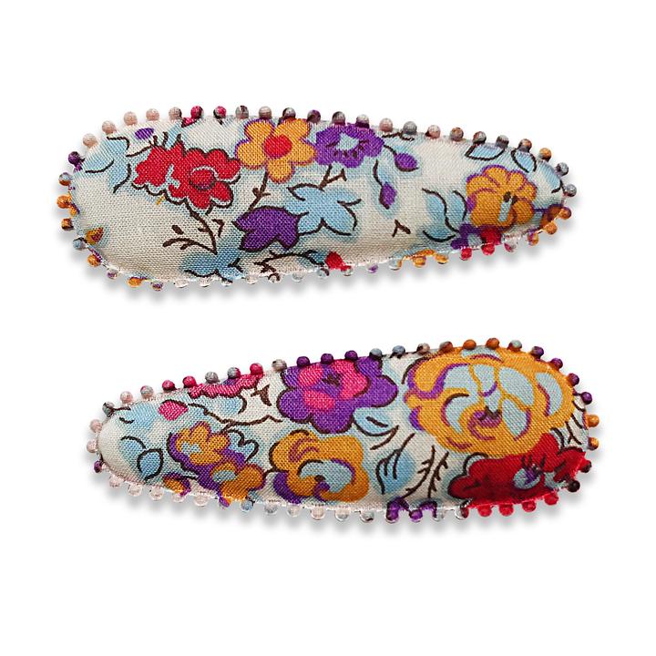 US stockist of Josie Joan's Georgie hair clip set. Gorgeous off white fabric with contrasting flowers in mustard yellow, pink, red and purple.