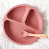 US stockist of Foxx & Willow's Rose silicone suction plate with 3 sections. Comes with matching wood + silicone fork.  Plate measures 7.80" in diameter and fork measures 5.51" in length.