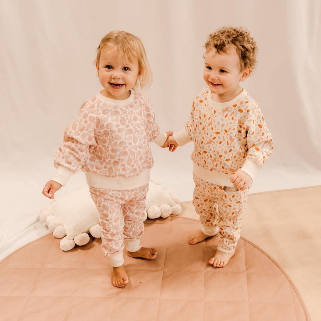 US stockist of India & Grace's gender neutral, organic cotton tracksuit in Dino Terrazzo.