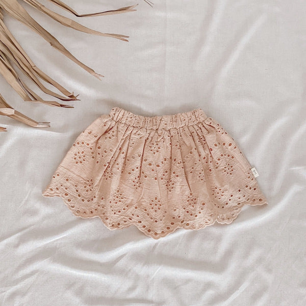 US stockist of India and Grace's broderie anglaise skirt in hazelnut.  Made from cotton, with an elastic waist and full lined.