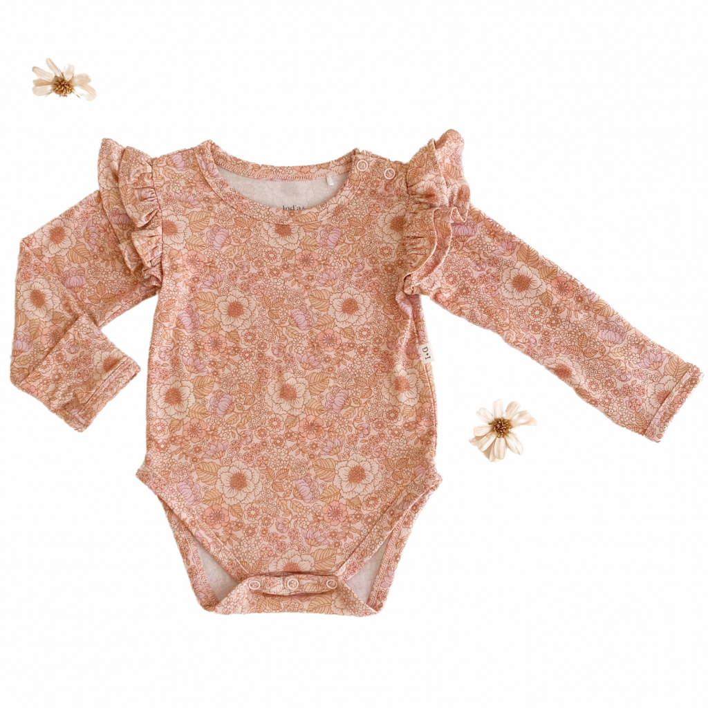 US stockist of India & Grace's Organic long sleeve ruffle bodysuit in Bloom Floral.