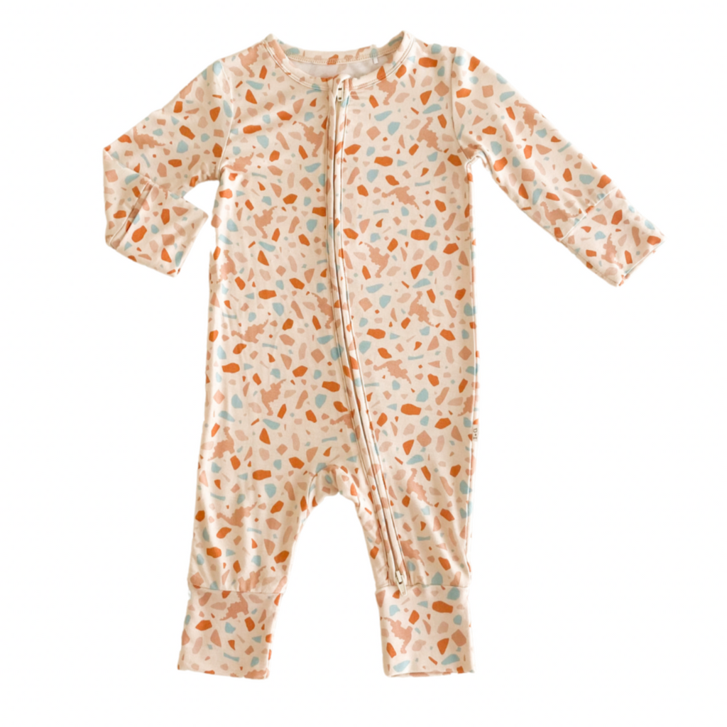 US stockist of India & Grace's gender neutral, organic bamboo zip suit in Dino Terrazzo.