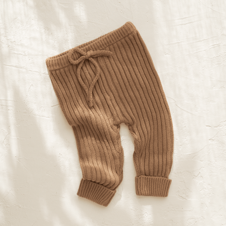 US stockist of Illoura the Label's gender neutral organic cotton Joey Ribbed Pants in Chocolate.
