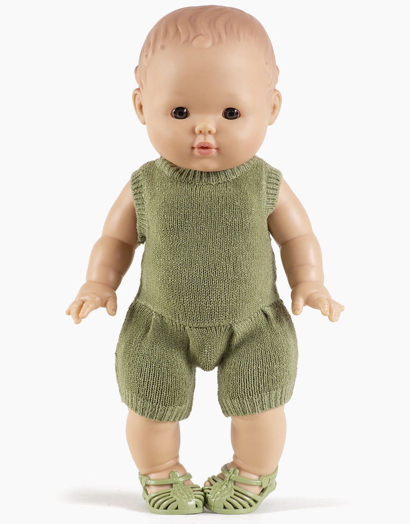 US stockist of Minikane's Orlando knit romper in Sage Green